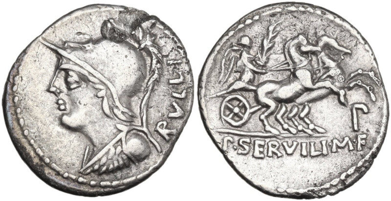 P. Servilius M.f. Rullus. Denarius, 100 BC. Obv. Helmeted head of Minerva left; ...