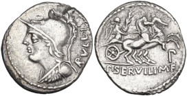 P. Servilius M.f. Rullus. Denarius, 100 BC. Obv. Helmeted head of Minerva left; behind, RVLLI. Rev. Victory in biga right; below, P; in exergue, P·SER...