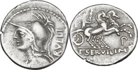 P. Servilius M.f. Rullus. Denarius, 100 BC. Obv. Helmeted head of Minerva left; behind, RVLLI. Rev. Victory in biga right; below, P; in exergue, P·SER...