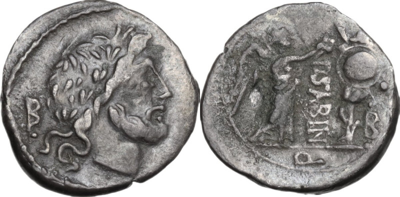P. Vettius Sabinus. AR Quinarius, 99 BC. Obv. Laureate head of Jupiter right; be...