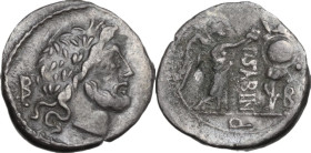 P. Vettius Sabinus. AR Quinarius, 99 BC. Obv. Laureate head of Jupiter right; behind, control mark. Rev. Victory standing right, crowning trophy; R be...