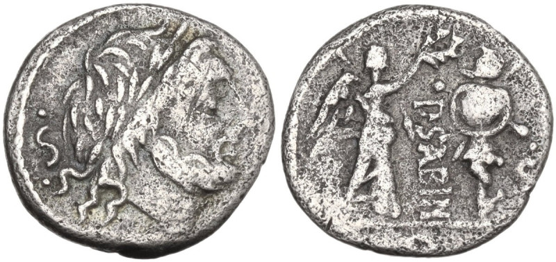 P. Vettius Sabinus. Quinarius, 99 BC. Obv. Laureate head of Jupiter right; behin...