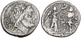 P. Vettius Sabinus. Quinarius, 99 BC. Obv. Laureate head of Jupiter right; behind, S with two dots. Rev. Victory standing right, crowning trophy; betw...