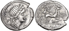 C. Allius Bala. Denarius, 92 BC. Obv. Diademed female head right; behind, BALA; below chin, I. Rev. Diana in biga of stags right; below, quiver; in ex...