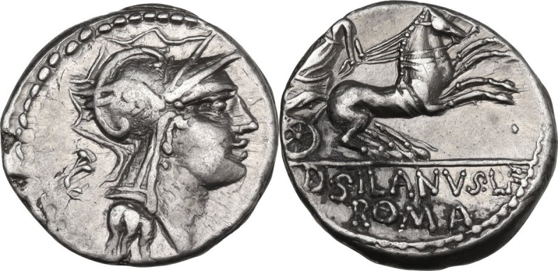 D. Silanus L.f. AR Denarius, 91 BC. Obv. Helmeted head of Roma right; behind, co...