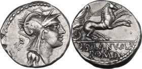 D. Silanus L.f. AR Denarius, 91 BC. Obv. Helmeted head of Roma right; behind, control letter. Rev. Victory in biga right; [above, numeral]; in exergue...