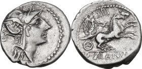 D. Junius Silanus L.f. Denarius, 91 BC. Obv. Helmeted head of Roma right; behind, D. Rev. Victory in biga right; above, XIII; in exergue, D·SILANVS·L·...
