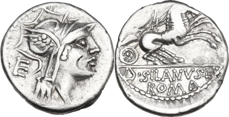 D. Junius Silanus L.f. Denarius, 91 BC. Obv. Helmeted head of Roma right; behind...