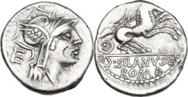 D. Junius Silanus L.f. Denarius, 91 BC. Obv. Helmeted head of Roma right; behind, E. Rev. Victory in biga right; in exergue, D·SILANVS·L·F / ROMA. Cr....