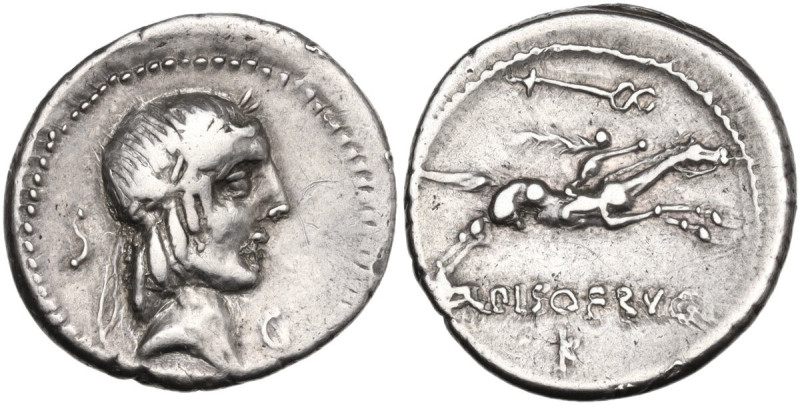 L. Calpurnius Piso Frugi. Denarius, 90 BC. Obv. Laureate head of Apollo. Rev. Ho...