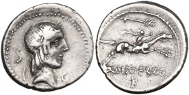 L. Calpurnius Piso Frugi. Denarius, 90 BC. Obv. Laureate head of Apollo. Rev. Horseman galloping; below, L•PISO•FRVGI. Cr. 340/1; B. (Calpurnia) 6-12....