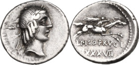 L. Calpurnius Piso Frugi. Denarius, 90 BC. Obv. Laureate head of Apollo. Rev. Horseman galloping; below, L•PISO•FRVGI. Cr. 340/1; B. (Calpurnia) 6-12....