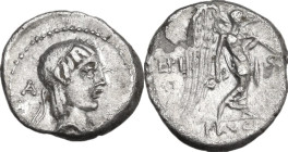 L. Calpurnius Piso Frugi. Quinarius, 90 BC. Obv. Laureate head of Apollo right; behind, A. Rev. Victory standing right, holding palm-branch over left ...