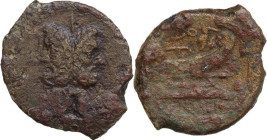 L. Calpurnius Piso Frugi. AE As, 90 BC. Obv. Laureate head of Janus. Rev. Prow right; on top, Victory standing right. Cr. 340/4. AE. 14.30 g. 32.00 mm...