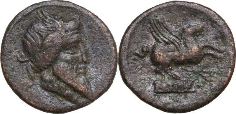 Q. Titius. AE core of a fourrée Denarius, 90 BC. Obv. Head of Mutinus Titinus-Pr...
