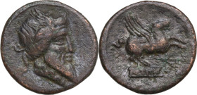 Q. Titius. AE core of a fourrée Denarius, 90 BC. Obv. Head of Mutinus Titinus-Priapus right, wearing winged diadem. Rev. Pegasus prancing right; below...
