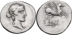 Q. Titius. Denarius, 90 BC. Obv. Head of Liber right, wearing ivy-wreath. Rev. Pegasus prancing right; below, Q·TITI in linear frame. Cr. 341/2; B. (T...