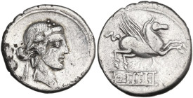 Q. Titius. Denarius, 90 BC. Obv. Head of Liber right, wearing ivy-wreath. Rev. Pegasus prancing right; below, Q·TITI in linear frame. Cr. 341/2; B. (T...