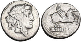 Q. Titius. Denarius, 90 BC. Obv. Head of Liber right, wearing ivy-wreath. Rev. Pegasus prancing right; below, Q·TITI in linear frame. Cr. 341/2; B. (T...