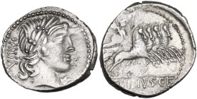 C. Vibius Pansa. Denarius, 90 BC. Obv. Laureate head of Apollo right; behind, PANSA. Rev. Minerva in quadriga right; in exergue, C·VIBIVS·C·F. Cr. 342...