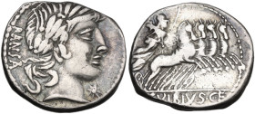 C. Vibius Pansa. Denarius, 90 BC. Obv. Laureate head of Apollo right; behind, PANSA; below chin, star. Rev. Minerva in quadriga right; in exergue, C·V...