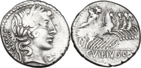 C. Vibius Pansa. Denarius, 90 BC. Obv. Laureate head of Apollo right; behind, PANSA. Rev. Minerva in quadriga right; in exergue, C·VIBIVS·C·F. Cr. 342...