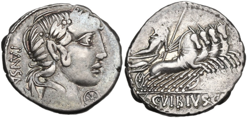 C. Vibius Pansa. Denarius, 90 BC. Obv. Laureate head of Apollo right; behind, PA...