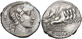 C. Vibius Pansa. Denarius, 90 BC. Obv. Laureate head of Apollo right; behind, PANSA; below chin, wheel. Rev. Minerva in quadriga right; in exergue, C·...