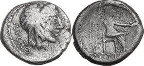 M. Cato. Quinarius, 89 BC. Obv. Head of Liber right, wearing ivy-wreath; behind, M·CATO (AT ligate). Rev. Victory seated right, holding patera and pal...