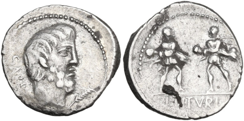 L. Titurius L.f. Sabinus. Denarius, Rome mint, 89 BC. Obv. Bearded head of King ...