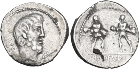 L. Titurius L.f. Sabinus. Denarius, Rome mint, 89 BC. Obv. Bearded head of King Tatius right; behind, SABIN; before, palm-branch. Rev. Rape of the Sab...
