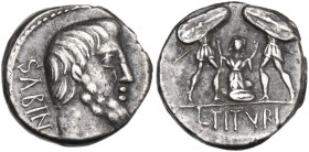 L. Titurius L.f. Sabinus. Denarius, 89 BC. Obv. Bearded head of King Tatius right; behind, SABIN; before palm-branch. Rev. Tarpeia stands facing betwe...