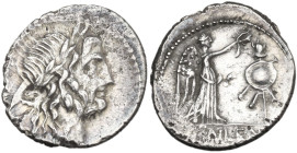 Cn. Cornelius Lentulus Clodianus. Quinarius, 88 AD. Obv. Laureate head of Jupiter right. Rev. Victory standing right, crowning trophy; in exergue, CN·...