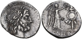 Cn. Cornelius Lentulus Clodianus. Quinarius, 88 AD. Obv. Laureate head of Jupiter right. Rev. Victory standing right, crowning trophy; in exergue, CN·...