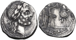 Cn. Cornelius Lentulus Clodianus. Quinarius, 88 AD. Obv. Laureate head of Jupiter right. Rev. Victory standing right, crowning trophy; in exergue, CN·...