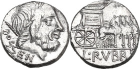 L. Rubrius Dossenus. Denarius, 87 BC. Obv. Laureate head of Jupiter right, sceptre over shoulder; below DOSSEN. Rev. Triumphal chariot right, decorate...