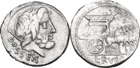 L. Rubrius Dossenus. Denarius, 87 BC. Obv. Laureate head of Jupiter right, sceptre over shoulder; below DOSSEN. Rev. Triumphal chariot right, decorate...
