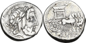 L. Rubrius Dossenus. Denarius, 87 BC. Obv. Laureate head of Jupiter right, sceptre over shoulder; below DOSSEN. Rev. Triumphal chariot right, decorate...