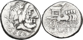 L. Rubrius Dossenus. Denarius, 87 BC. Obv. Laureate head of Jupiter right, sceptre over shoulder; below DOSSEN. Rev. Triumphal chariot right, decorate...