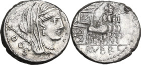 L. Rubrius Dossenus. Denarius, 87 BC. Obv. Veiled and diademed head of Juno right, sceptre over shoulder; below DOS. Rev. Triumphal chariot right, dec...