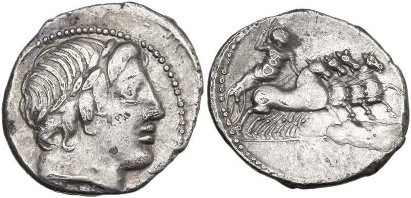 Gargilius, Ogulnius and Vergilius. Denarius, 86 BC. Obv. Head of Apollo right, w...
