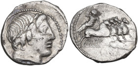 Gargilius, Ogulnius and Vergilius. Denarius, 86 BC. Obv. Head of Apollo right, wearing oak-wreath; below, thunderbolt. Rev. Jupiter in quadriga right....
