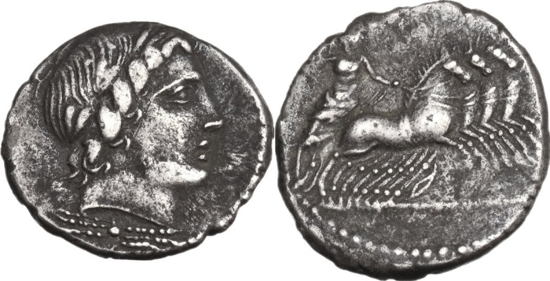 Gargilius, Ogulnius and Vergilius. Denarius, 86 BC. Obv. Head of Apollo right, w...