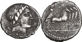 Gargilius, Ogulnius and Vergilius. Denarius, 86 BC. Obv. Head of Apollo right, wearing oak-wreath; below, thunderbolt. Rev. Jupiter in quadriga right....