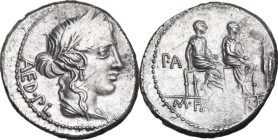 M. Fannius and L. Critonius. Denarius, 86 BC. Obv. Draped bust of Ceres right; behind, AED·PL. Rev. Two male figures seated left on subsellium; on lef...