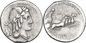 L. Julius Bursio. AR Denarius, 85 BC. Obv. Male head right, with the attributes of Apollo, Mercury and Neptune; behind, control-symbol. Rev. Victory i...