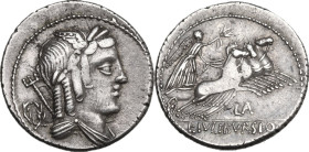 L. Julius Bursio. Denarius, 85 BC. Obv. Male head right, with the attributes of Apollo, Mercury and Neptune; behind, wreath. Rev. Victory in quadriga ...