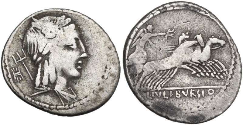 L. Julius Bursio. Denarius, 85 BC. Obv. Male head right, with the attributes of ...