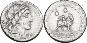 Mn. Fonteius C.f. Denarius, 85 BC. Obv. Laureate head of Apollo right; below, thunderbolt; behind, MN·FONTEI (MN and NT ligate); before, C·F. Rev. Cup...