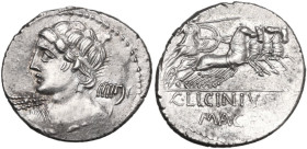 C. Licinius L. f. Macer. Denarius, 84 BC. Obv. Diademed and draped bust of Vejovis left turned from spectator, hurling thunderbolt. Rev. Minerva in qu...